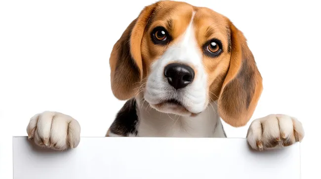 Aufmerksamer Beagle-Blick über weißes Schild