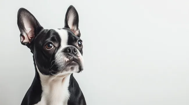 Aufmerksamer Boston Terrier auf weißem Hintergrund
