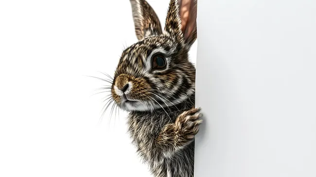 Aufmerksamer Hase lugt hinter weißer Fläche hervor