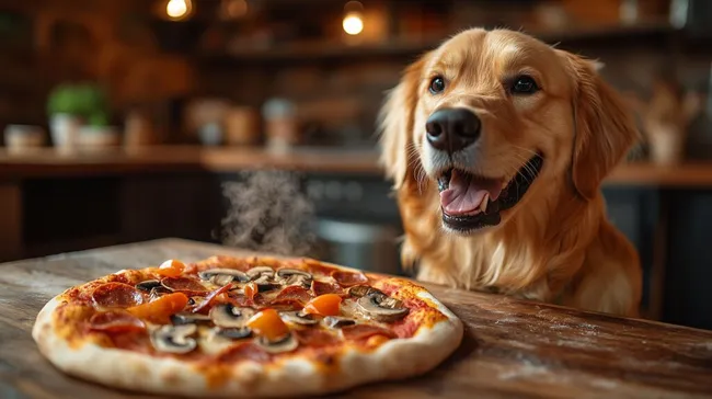 Aufmerksamer Hund beobachtet frisch gebackene Pizza