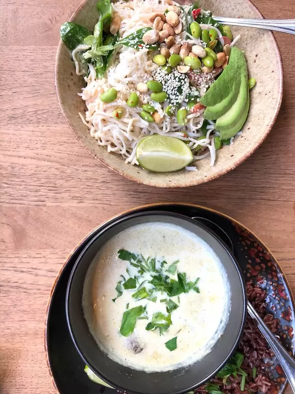 Aufnahme von oben: Reisnudeln mit Tamari-Ingwer-Dressing, Avocado, Edamame, Paprika, Sesam, Feldsalat, Erdnüssen, Minze und Limette (kalt serviert) und grünes Curry (scharf) mit Keniabohnen, Champignons, Kirschtomaten und Limette serviert auf Vollkornreis