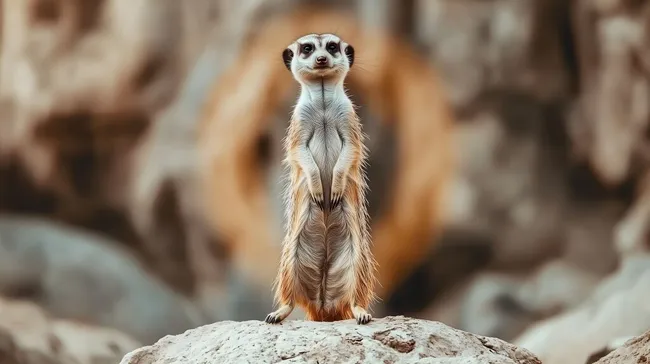 Aufrecht stehendes Erdmännchen auf Felsen in natürlicher Umgebung