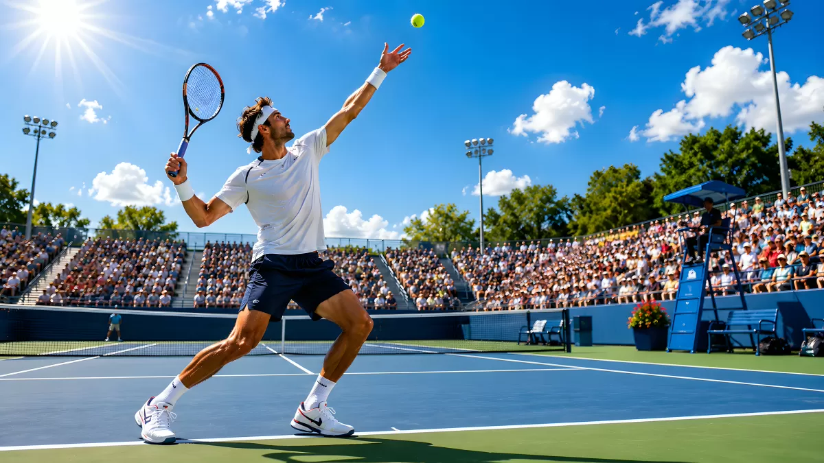 Aufschlagmoment eines Tennisspielers auf Hartplatz