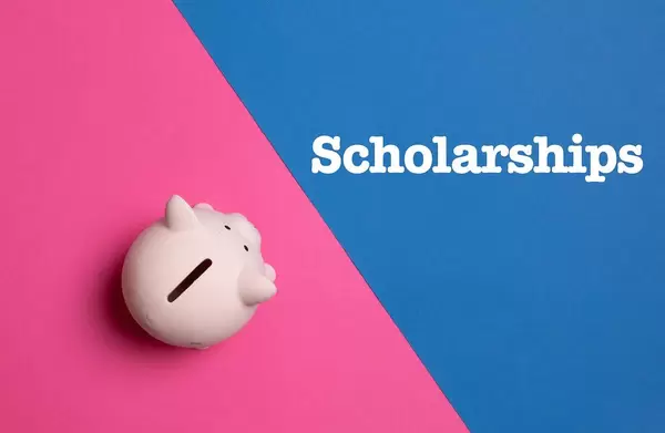 Aufschrift "Scholarships" - Stipendien - neben einem rosa Sparschwein, auf blau-pinke Hintergrund