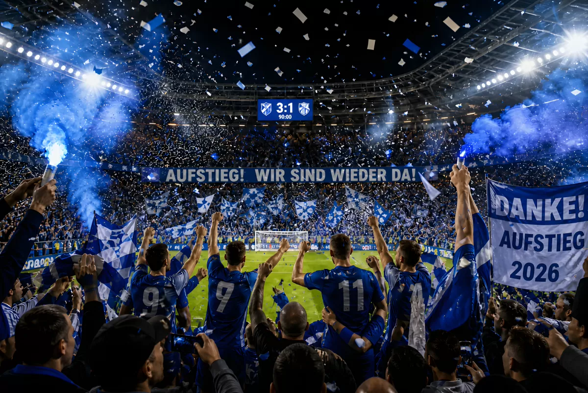 Aufstiegsfeier im Fußballstadion mit Konfetti und Rauch