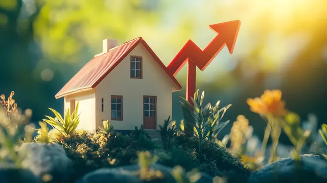 Aufwärtstrend am Immobilienmarkt - Modellhaus mit Pfeil