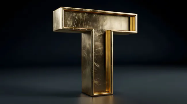 Aufwendiges, goldenes 3D-Buchstaben-T auf schwarzem Hintergrund