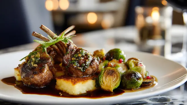 Aufwendiges Lammgericht auf weißem Teller