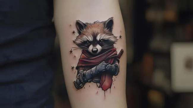 Aufwendiges Waschbär-Tattoo mit Schwert und Umhang