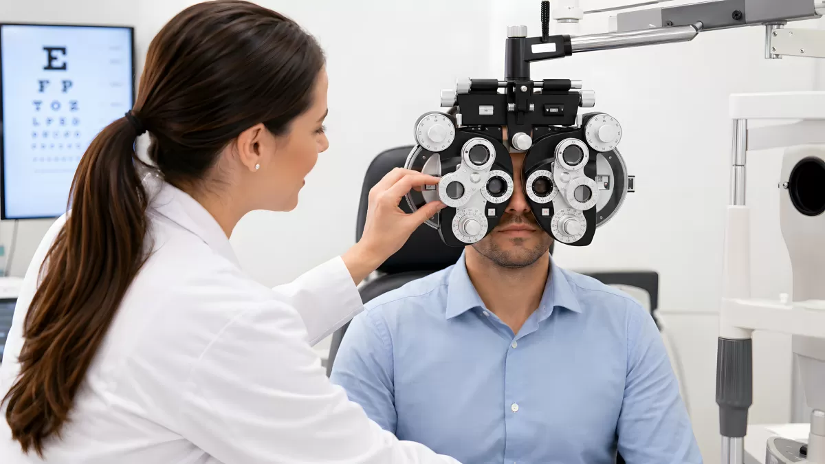 Augenärztin untersucht Patienten mit Phoropter