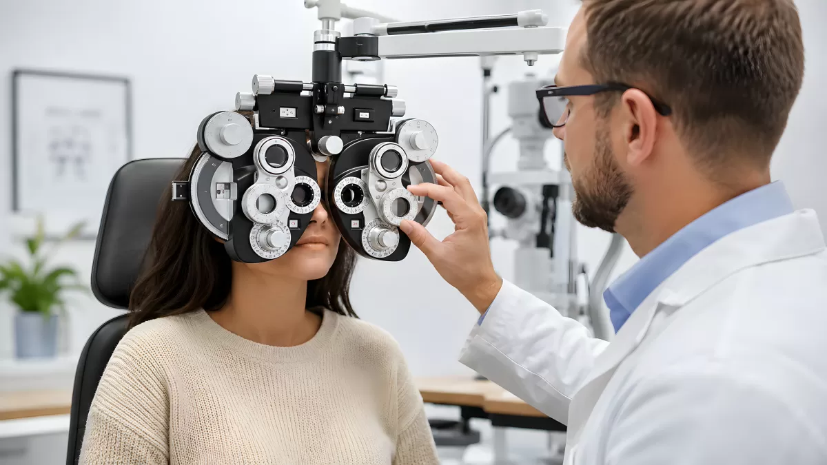 Augenarzt untersucht Patientin mit Phoropter