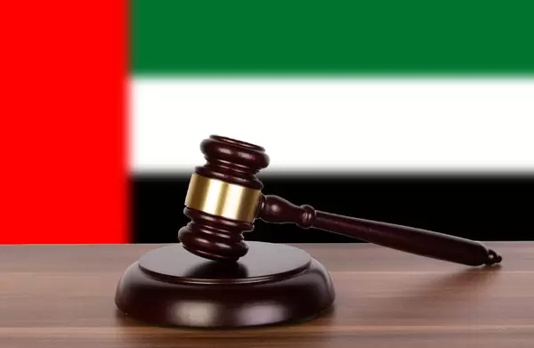 Auktionshammer / Richterhammer auf einem Holzuntergrund, vor der Flagge der arabischen Emirate