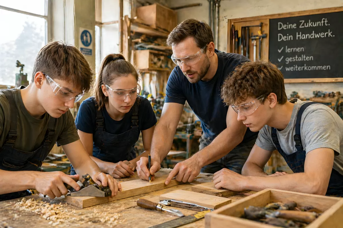 Ausbilder erklärt Azubis Holzbearbeitung in Werkstatt