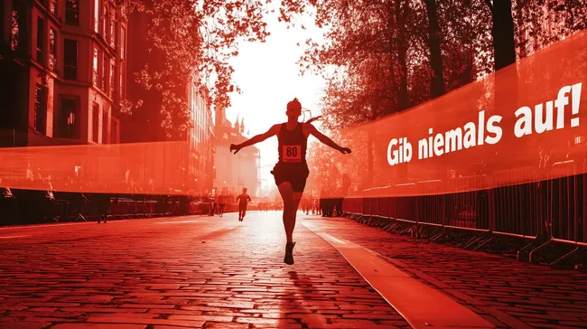 Ausdauernder Läufer auf roter Strecke in bunter Stadtszene