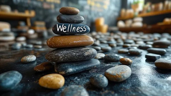 Ausgeglichener Zen-Steinberg mit Wellness-Schriftzug