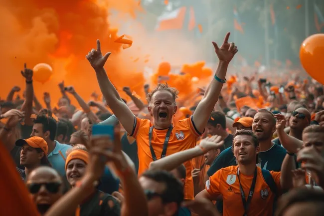 Ausgelassene Fußballfans in orangefarbenen Trikots