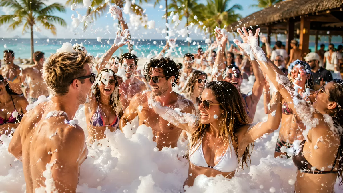 Ausgelassene Schaumparty am Strand in der Sonne