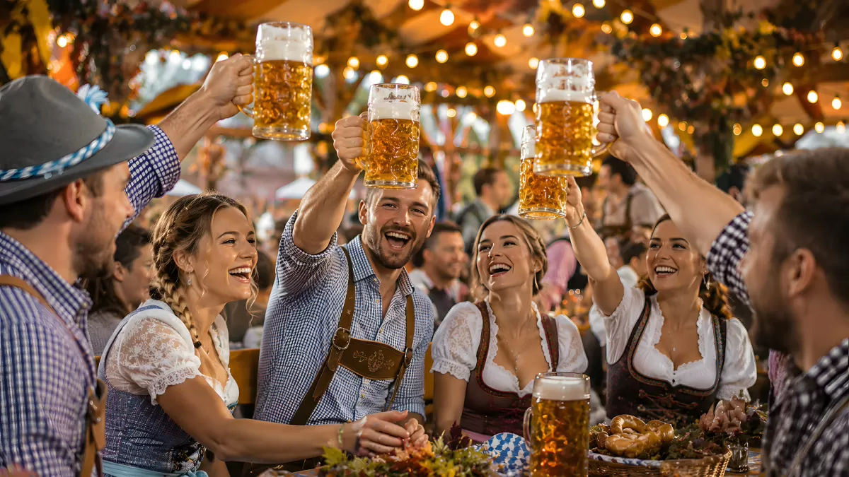Ausgelassenes Anstoßen beim Oktoberfest im Bierzelt