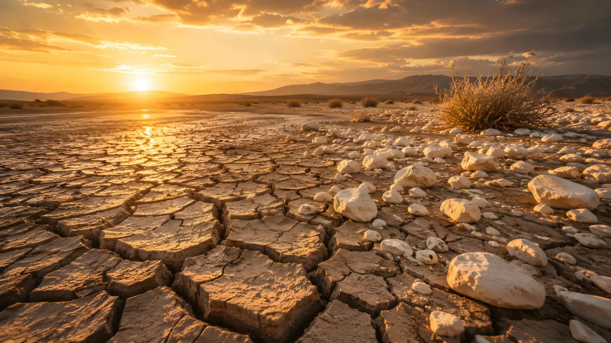 Ausgetrocknete Erde mit Rissen bei goldenem Sonnenuntergang