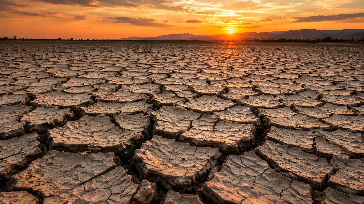 Ausgetrockneter Boden bei Sonnenuntergang in der Wüste