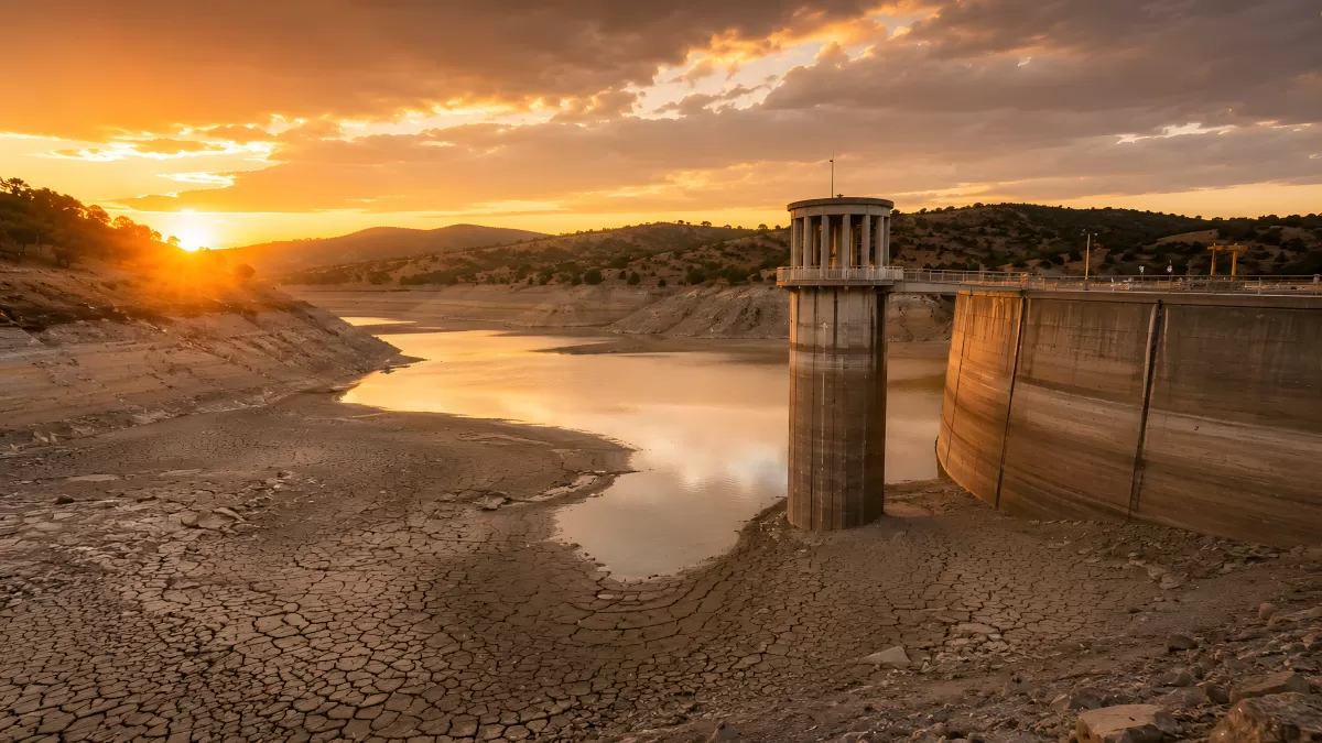 Ausgetrockneter Stausee bei dramatischem Sonnenuntergang