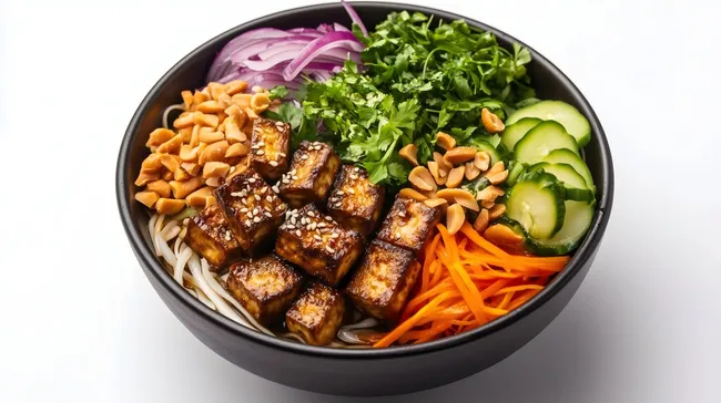 Ausgewogene Buddha-Bowl mit marinierten Tofu-Würfeln