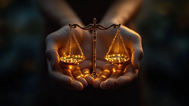 Ausgewogene goldene Justitia-Waage in Händen