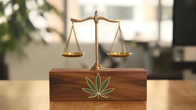 Ausgewogene Justiz - Goldene Waage mit Hanfblatt