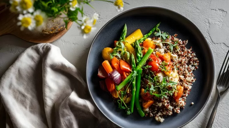 Ausgewogene Mahlzeit mit Gemüse, Getreide und Proteinen auf Teller