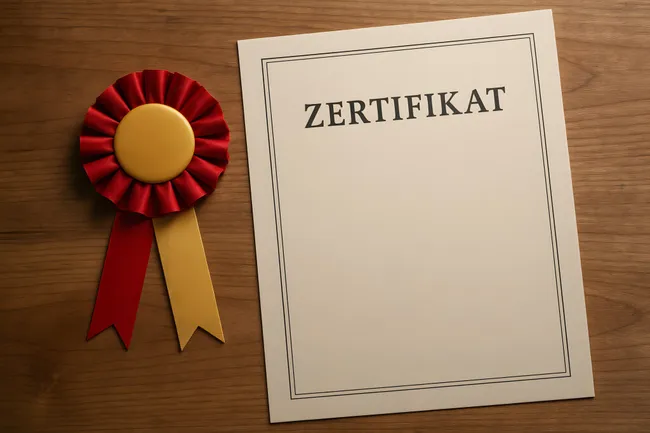 Ausgezeichnetes Zertifikat mit roter und gelber Schleife