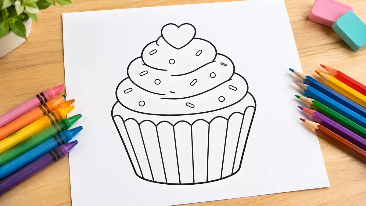 Ausmalbild Cupcake mit Herz und Streuseln für Kinder