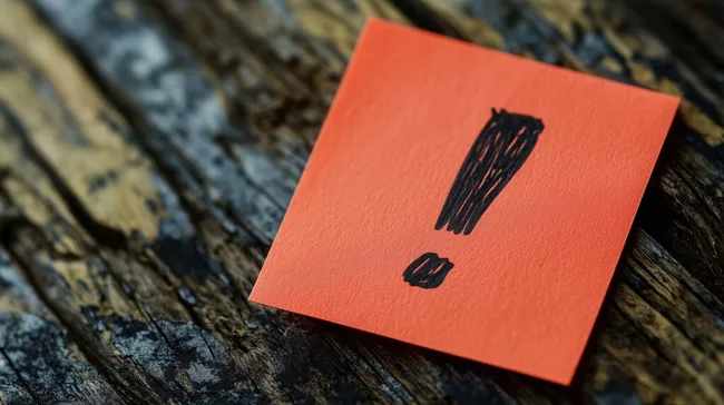 Ausrufezeichen auf orangefarbenem Post-it-Zettel auf Holzuntergrund