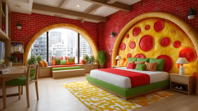 Außergewöhnliches Pizza-Schlafzimmer mit Backsteinwand