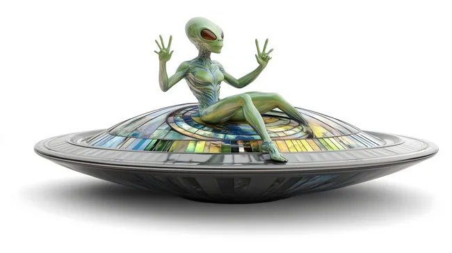 Außerirdischer hält Friedenszeichen auf buntem UFO