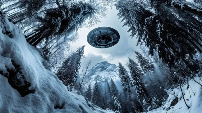 Außerirdisches Raumschiff schwebt über verschneitem Winterwald