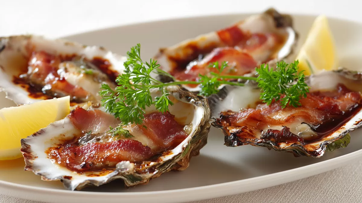 Austern Kilpatrick mit Speck auf elegantem Teller