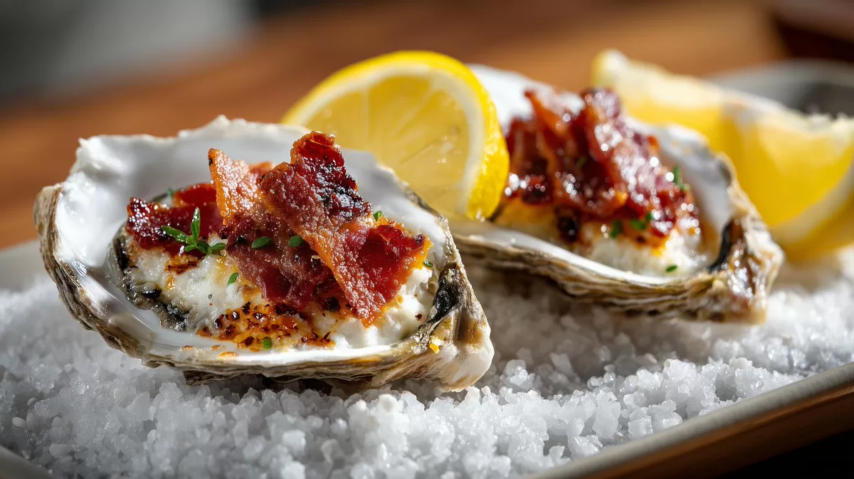 Austern Kilpatrick mit Speck und Zitrone auf Salz