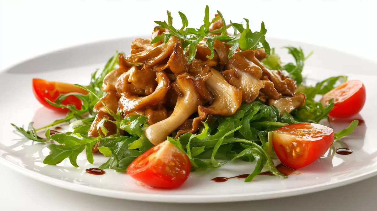 Austernpilze auf Rucola Salat mit Kirschtomaten