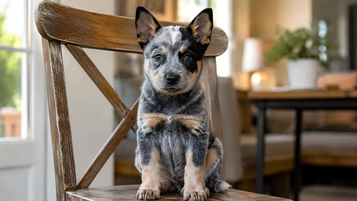 Australian Cattle Dog Welpe sitzt auf Holzstuhl