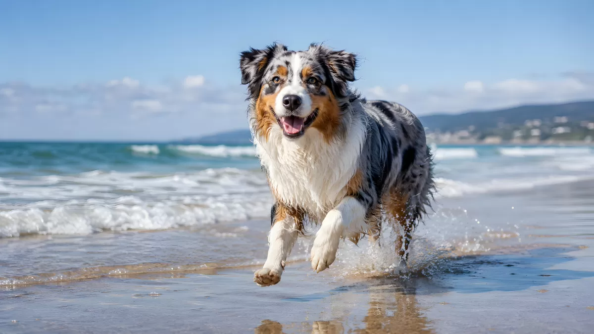 Australischer Schäferhund läuft fröhlich am Strand