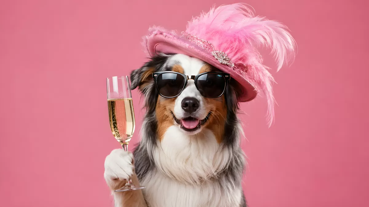 Australischer Schäferhund mit Federhut und Sektglas