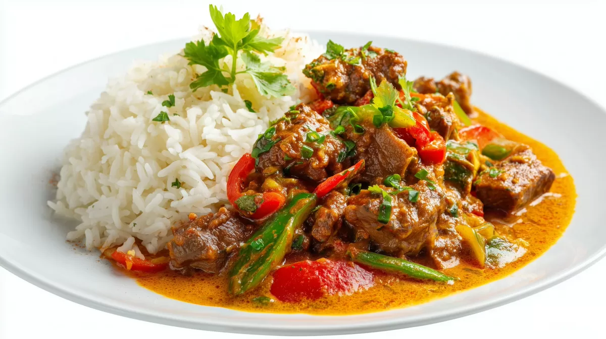 Australisches Rindfleisch Curry mit Reis auf Teller