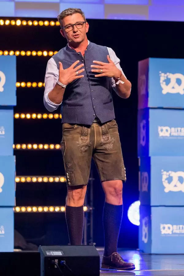 Austrian actor Hans Sigl gives a speech on how to "Find your inner child to find your true passion as an entrepreneur" at the Bits19 founders' event in Munich, Germany