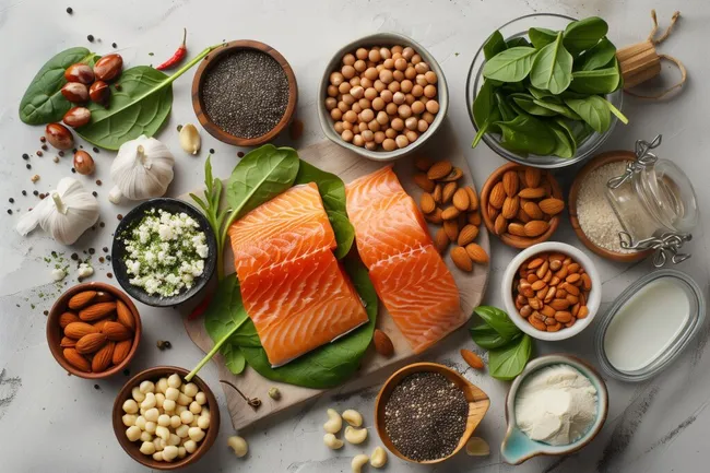 Auswahl an hochwertigen Lebensmitteln für eine ausgewogene Ernährung