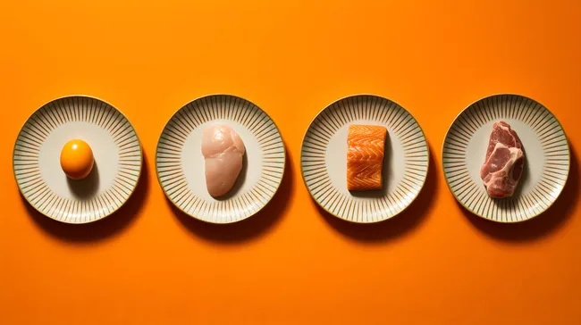 Auswahl an proteinreichen Lebensmitteln auf Tellern