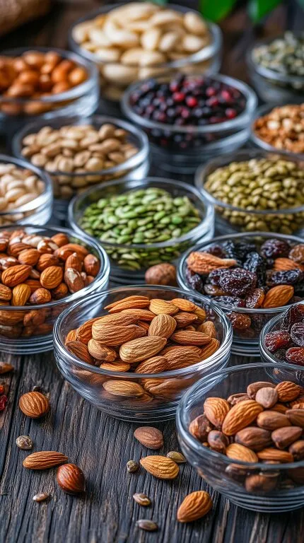 Auswahl an verschiedenen Nüssen und Samen in Glasschalen