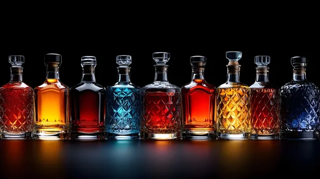 Auswahl edler Spirituosen-Flaschen mit Glaskaraffen