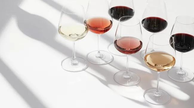 Auswahl erlesener Weinglässer mit Weißwein, Rosé und Rotwein