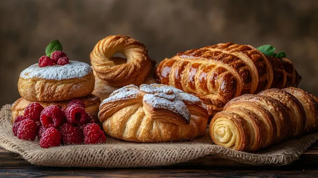 Auswahl französischer Backwaren mit Croissants und Himbeeren