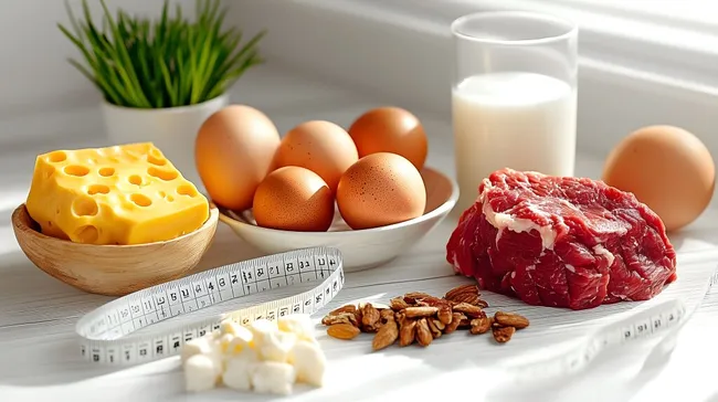 Auswahl proteinreicher Lebensmittel auf heller Oberfläche